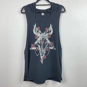 Rat Body Men's Large Black Hooded Muscle Tank Rat Head Graphic Print Goth Demon